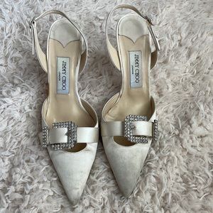 Jimmy Choo Gale *Ivory Satin Wedding Slingbacks with Crystal Buckle Detail.
